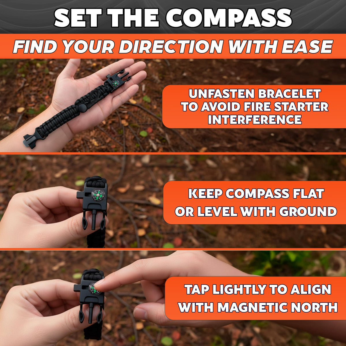 Paracord Bracelets for Men and Women – Adjustable Survival Paracord Bracelet with 11.8 ft Nylon Cord, Flint Fire Starter, Compass, Whistle & Scraper – Camping, Hiking, Fishing Gear (Black & Khaki)