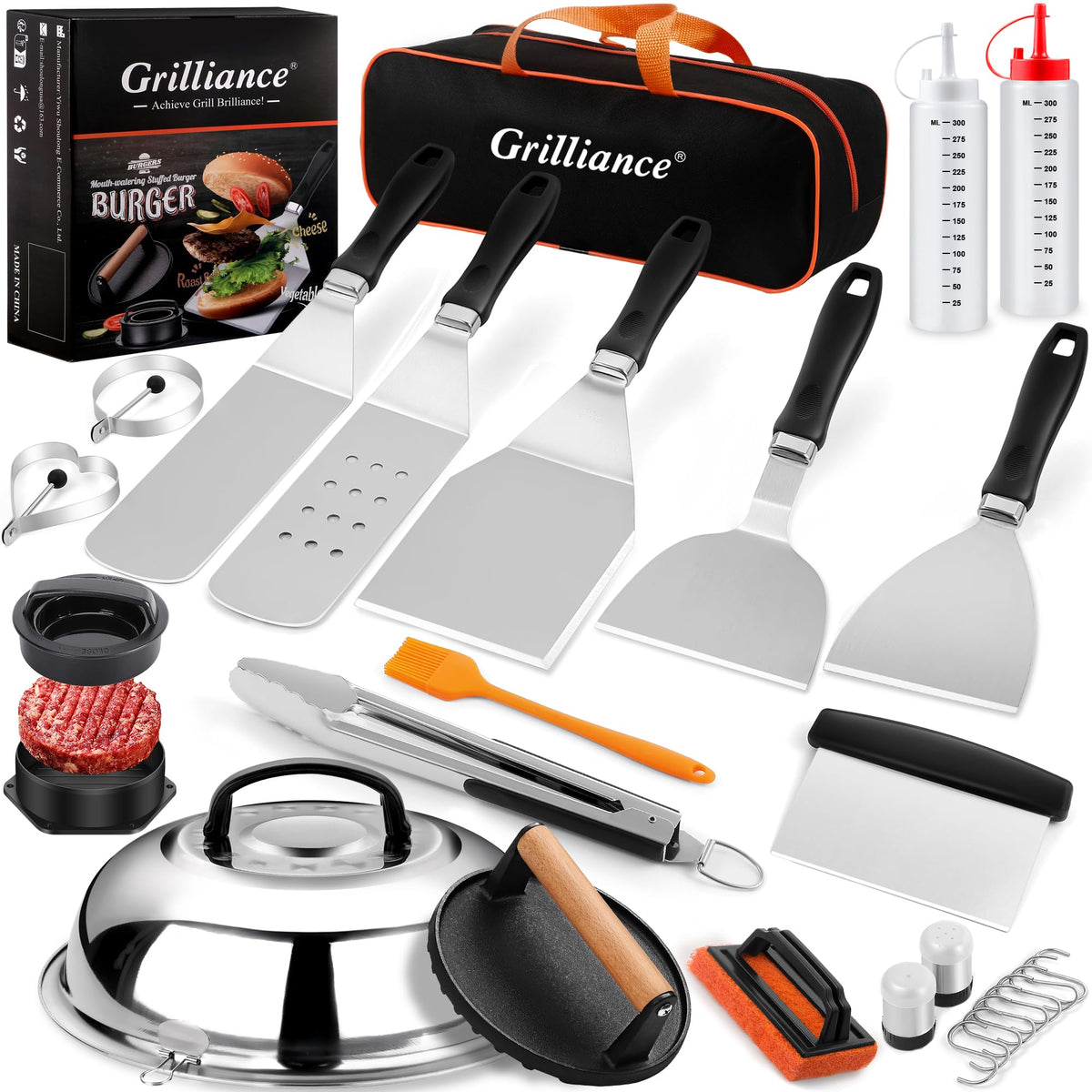 Grilliance 27pcs Griddle Accessories Kit for Blackstone, Professional Hibachi Flat Top Grill Tools, Enlarged Spatula Gift Set with Basting Cover，Burger Press Patty Maker for Outdoor BBQ Teppanyaki
