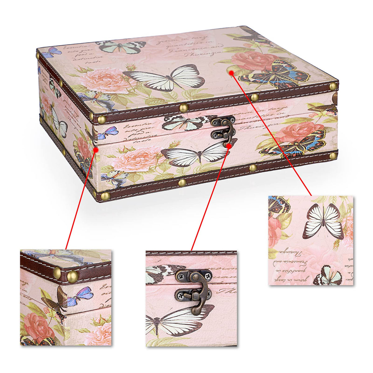 ELLDOO Butterfly Treasure Chest Box, Wooden + PU Leather Storage Decorative Box for Jewelry Trinkets Photos, Rectangular Keepsakes box for Girls Women Gifts