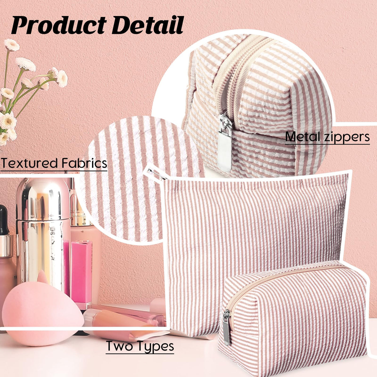 Huhumy 2 Pcs Makeup Bag Set Cute Cosmetic Pouch for Women Seersucker Travel Toiletry Bag Preppy Small Makeup Purse Pouch Aesthetic Skincare Brushes Storage Organizer for Valentine Women(Khaki)