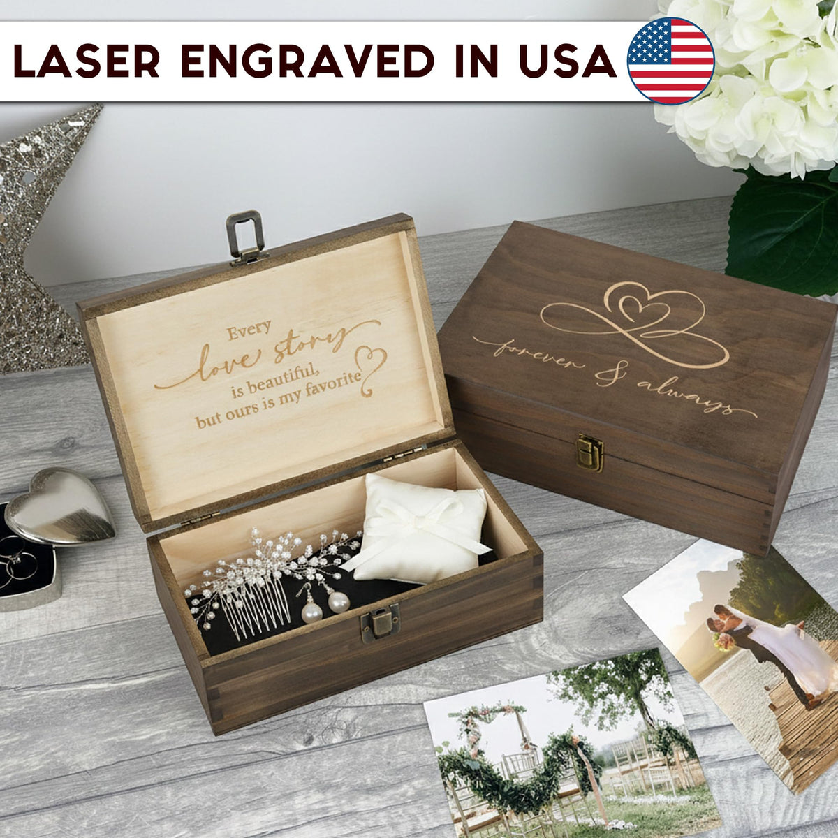 Rustic Wooden Memory Box – Medium Keepsake Storage Box with Double-Sided Engraving – “Forever & Always” Outside & “Every Love Story…” Inside – Personalized Gift for Couples, Wedding, Anniversary