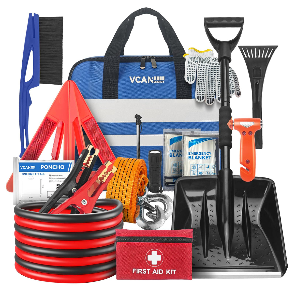 VCANENERGY Car Emergency Kit with Jumper Cable, First Aid Kit, Winter Travel Assistance with Detachable Snow Shovel, Safety Emergency Kit for Cars, Trucks