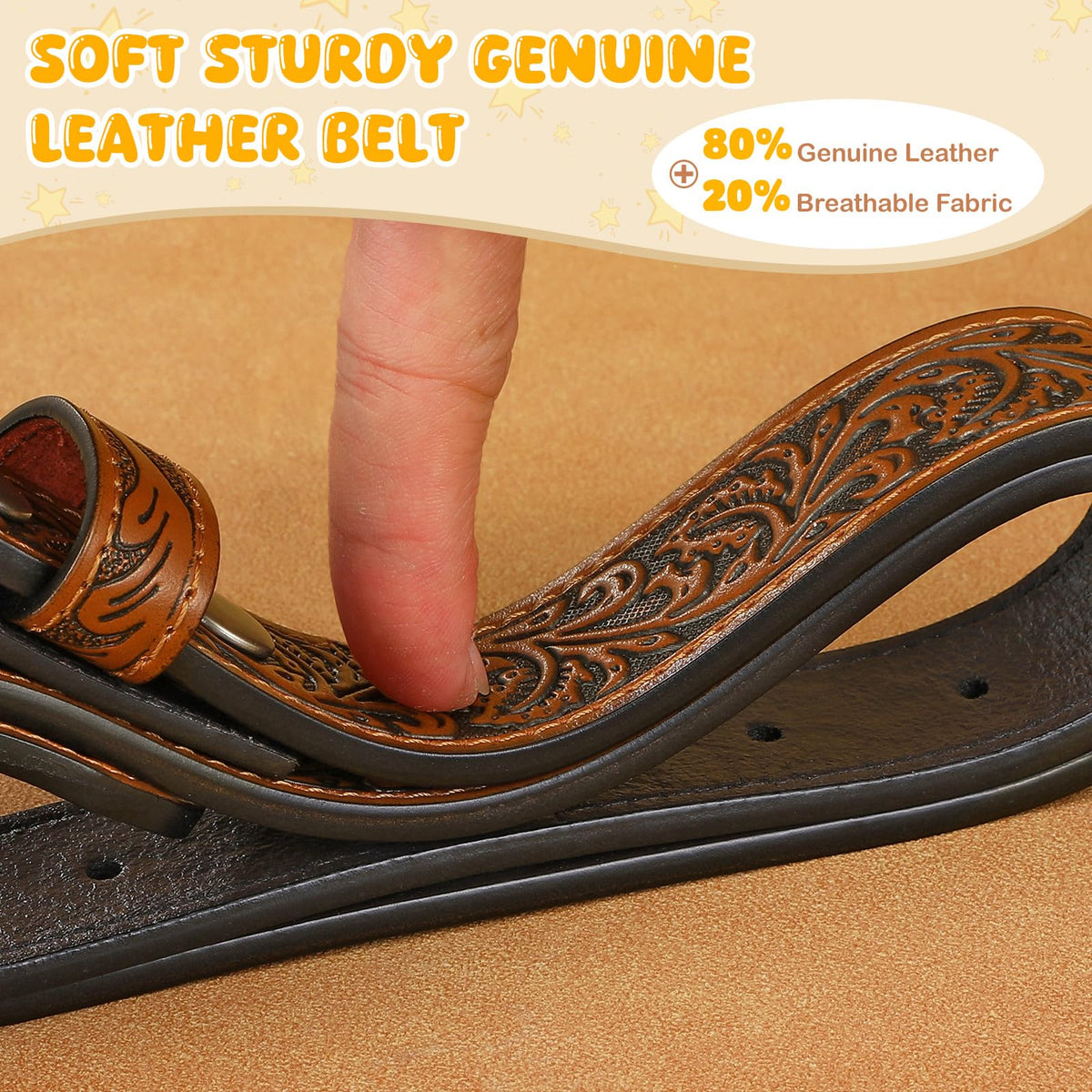 SANSTHS Kids Western Belt without Buckle Genuine Leather Boys Girls Belt Strap Cowgirl Cowboy Belts for Jeans Western Gifts, Embossed Leaf/Brown