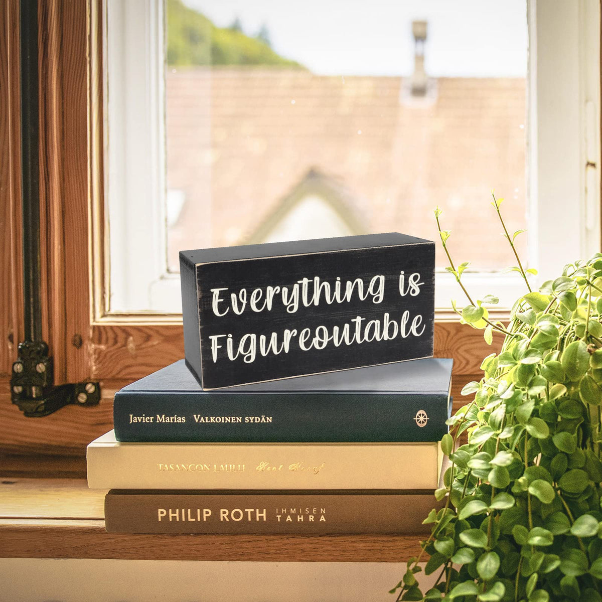 Esur Home Office Desk Black Decor - Inspirational Farmhouse Wooden Box Sign - Everything is Figureoutable