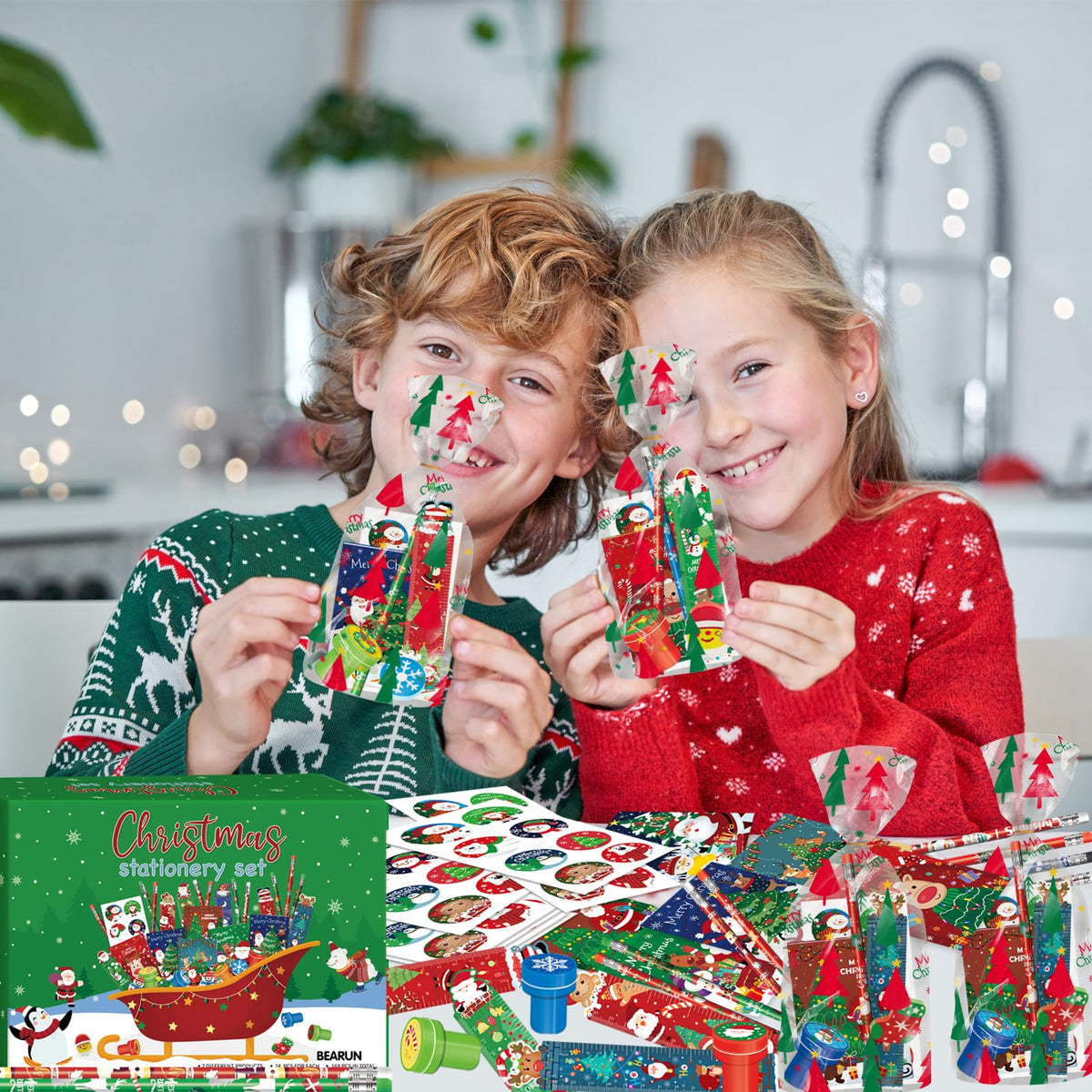 BEARUN 168 Pcs Christmas Party Favors Bulk for Kids-24-Pack Christmas Stationery Set for Stocking Stuffers, Christmas-Themed Classroom Gift Exchange School Games Prizes Carnival Events