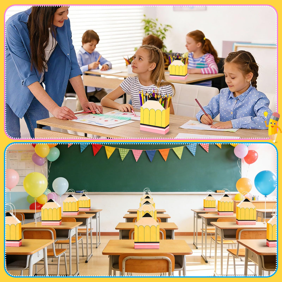 FEBSNOW 36Pcs Teacher Appreciation Gift Bags,Teacher Gift Bags with Handles Back to School Treat Bag Bulk Pencil Paper Bag for Teachers Appreciation Week End of School Year Classroom Party Decoration