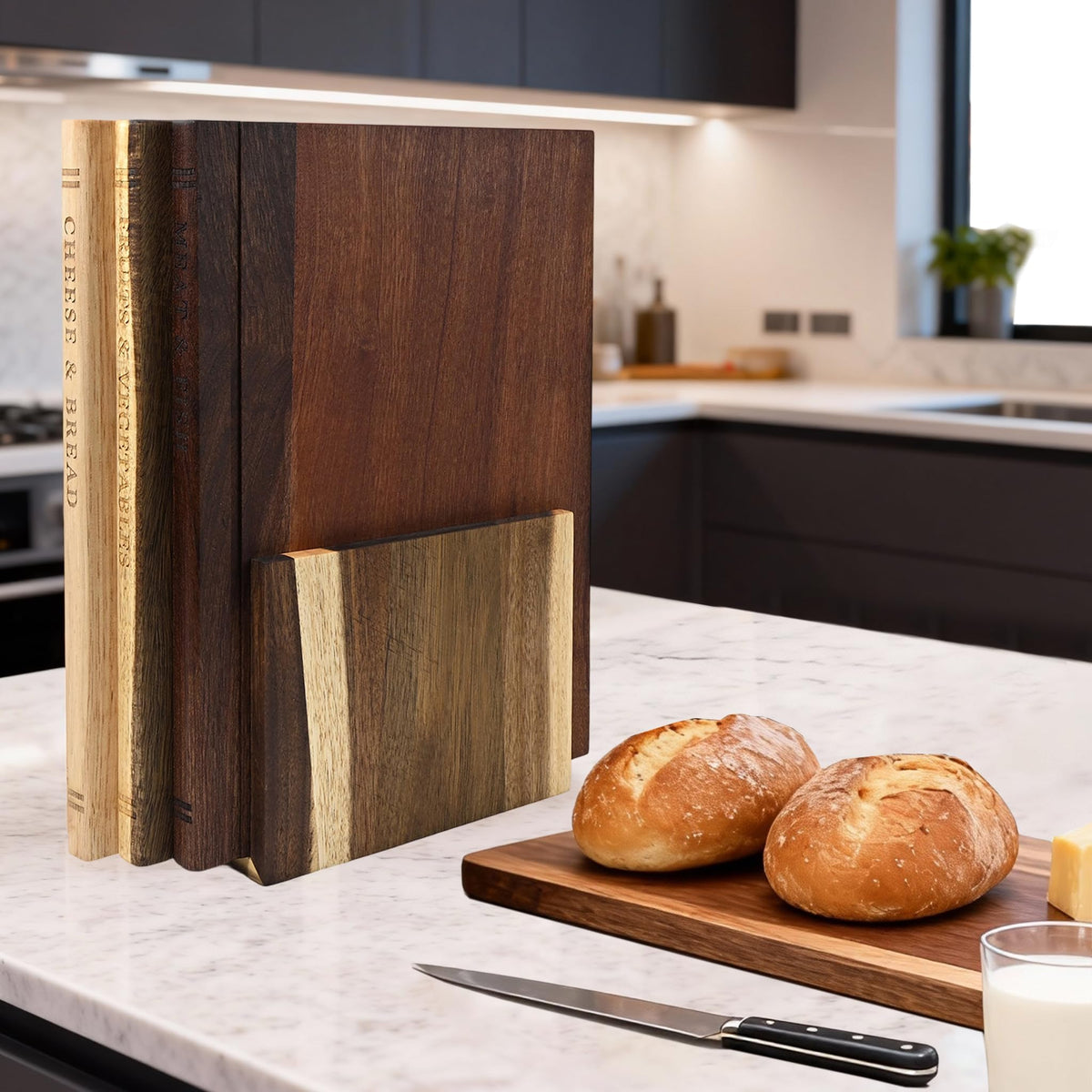 Acacia Wood Cutting Board Book Set, 3-Piece Decorative Chopping Boards with Stand | Book-Shaped Design| Dishwasher Safe for Easy Cleaning | Ideal for Meat, Vegetables | Unique Gift for Home Cooks