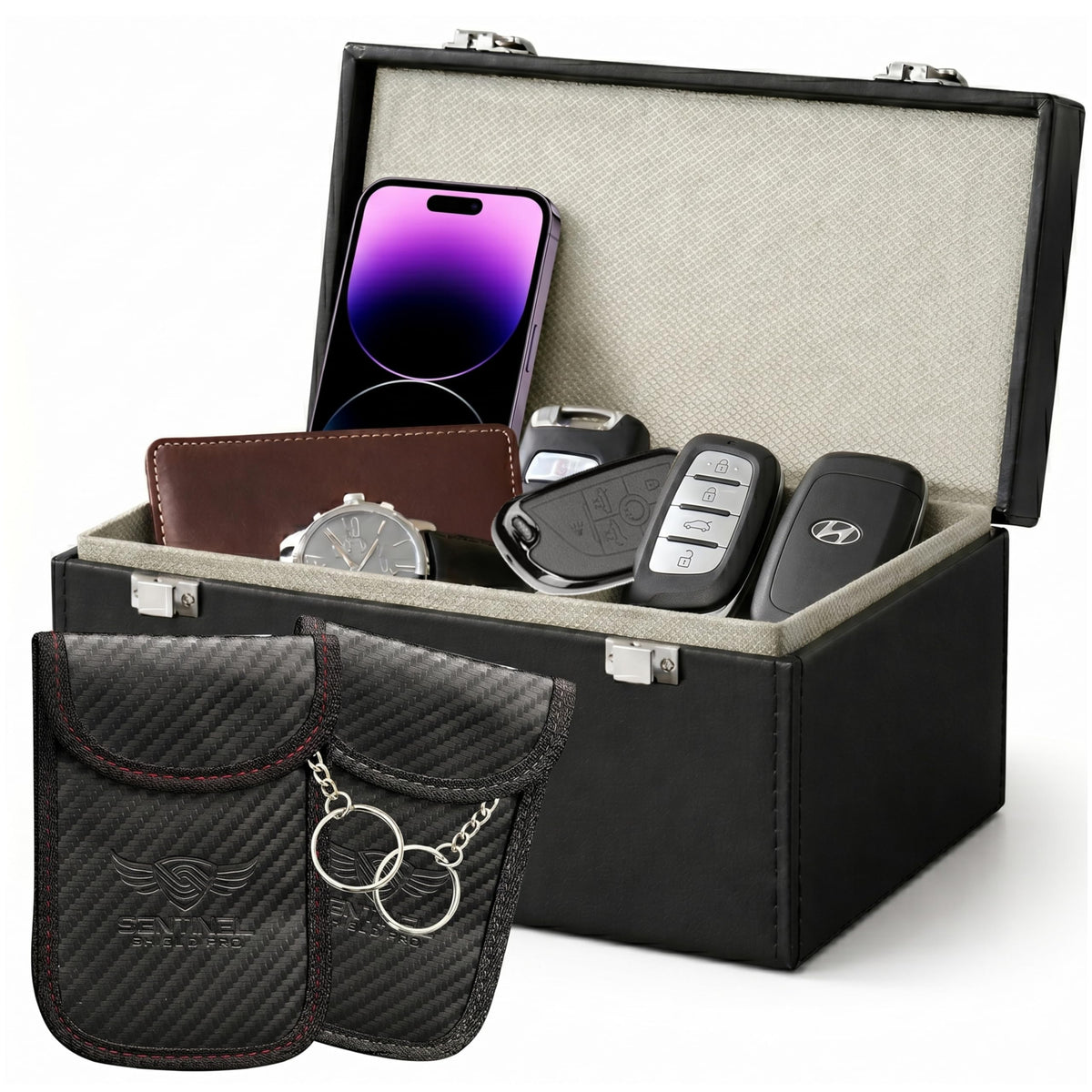 Premium Faraday Box with 2 Faraday Pouches for Car Keys - RFID Signal Blocking Box, Keyless Entry Key Fob Protector, Anti-Theft Signal Blocker for Car Security with PU Leather Design [Large Capacity]