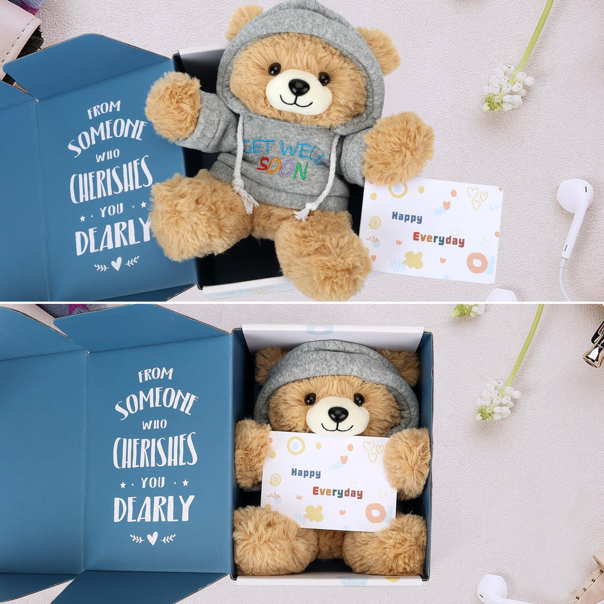 Osacoe Get Well Soon Teddy Bear Stuffed Animal with Gift Box Removable Hoodie for Comfort and Love, for Kids, Women & Men in Tough Time, Get Well Soon Gifts Basket with Beautiful Greeting Card