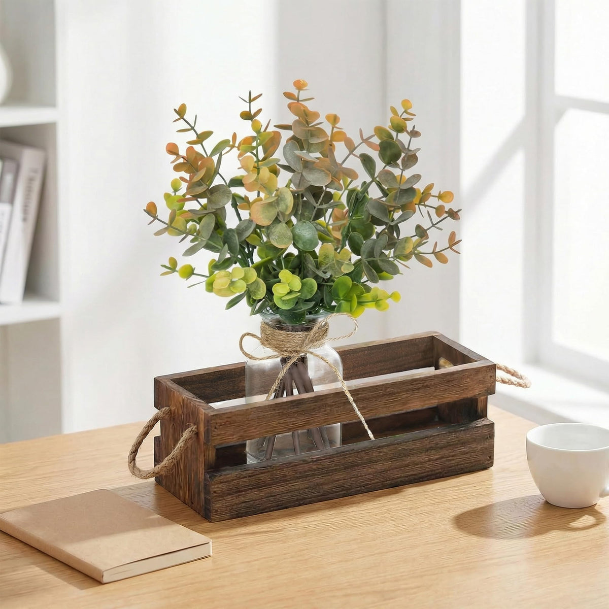 Fawairyc Artificial Eucalyptus Stems in Glass Vase with Faux Water,Combined with Wood Tray Centerpiece Table Decoration,11" Fake Plant with Orange-Green Leaves for Home Decor