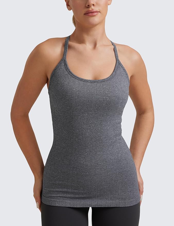 CRZ YOGA Seamless Workout Tank Tops for Women Racerback Athletic Camisole Sports Shirts with Built in Bra