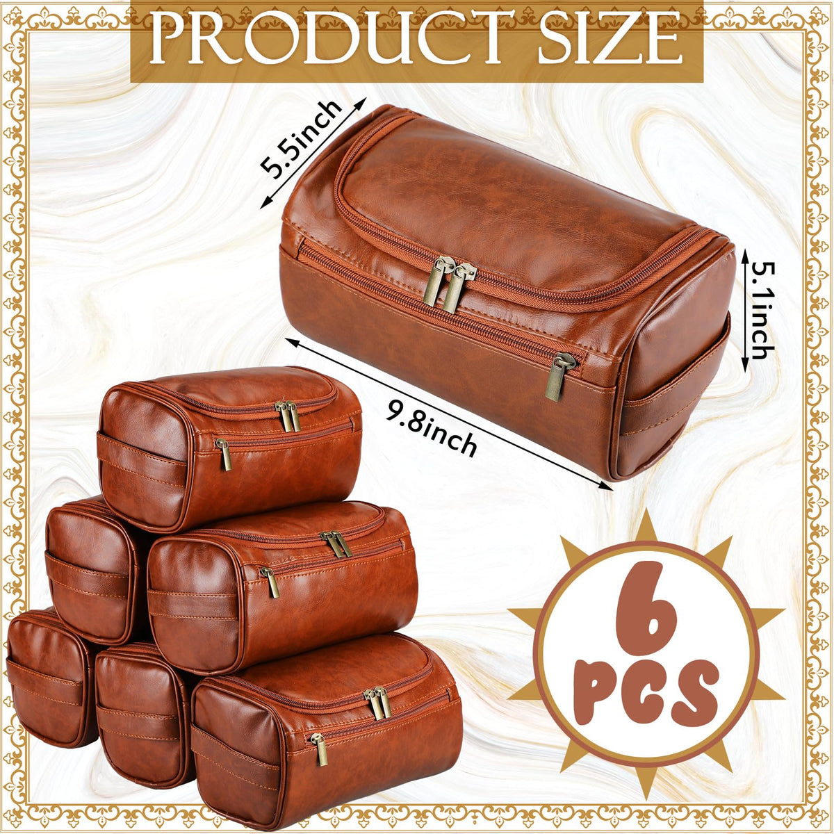 Aliceset 6 Pcs Groomsmen Gift Groomsmen Toiletry Bags Set of 6 Leather Toiletry Bag for Men with Hook Leather Wedding Proposal Bag with Side Handle Father Gift(Brown)