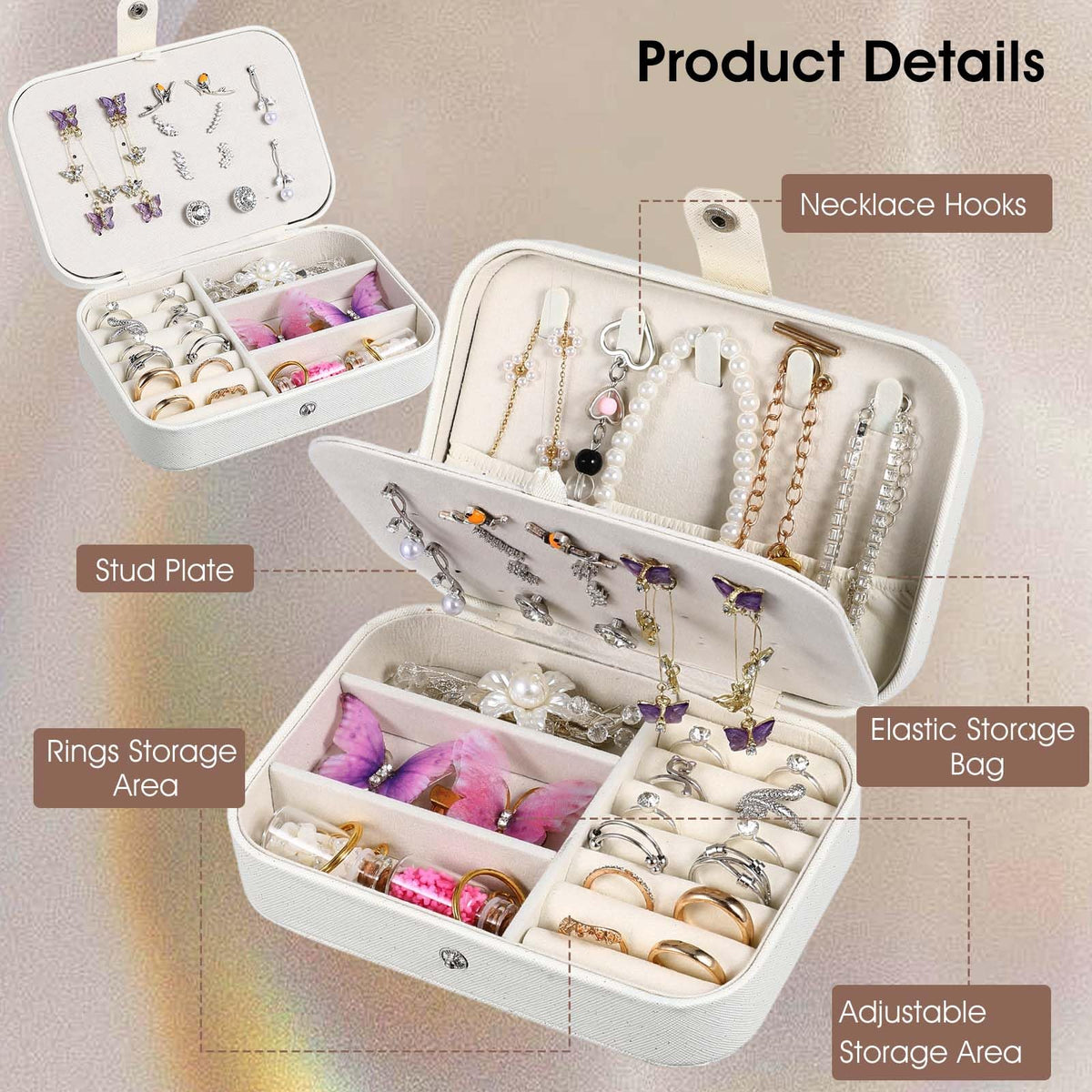 6 Pcs Travel Jewelry Box, PU Leather Mini Travel Jewelry Organizer for Women Girls, Double Layer Portable Small Ring Case, Display Storage Holder Boxes for Stud Earrings, Rings, Necklaces, Bracelets (