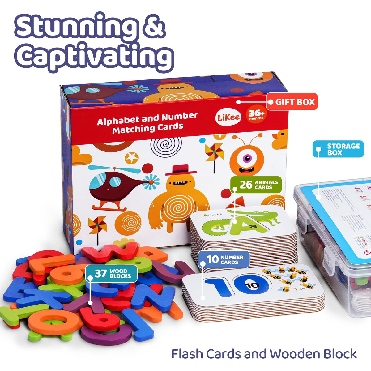 LiKee Alphabet Flash Cards Wooden Letter Puzzle ABC Sight Words Matching Games Counting Board Preschool Educational Montessori Toys for Toddlers Boys Girls 3+ Years (36 Cards& 37 Wood Pieces)