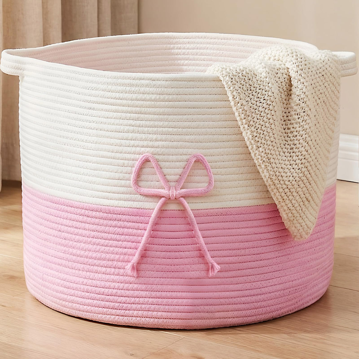 Breling 70L Pink Bow Extra Large Cotton Rope Basket 21" x 14", Woven Baby Laundry Blanket Basket Box with Handle Storage, Blanket Storage for Living Nursery Pillows Laundry Baby Toy Chest