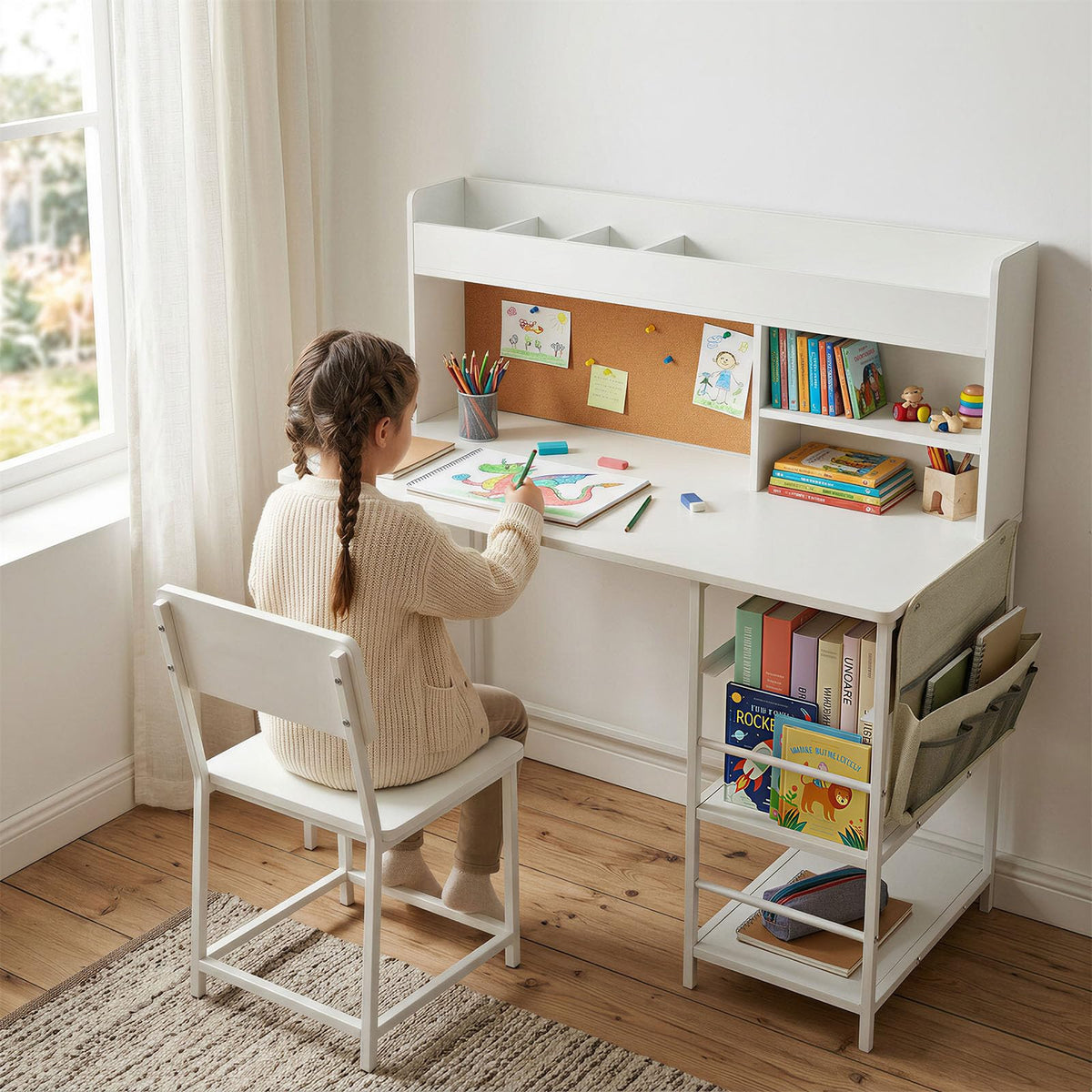 DHZ Kids Desk and Chair Set with Storage, Children Study Table with Bulletin Board, Side Pouch Organizer for Art Supplies, Kids Study Desk with Hutch for 5-12 Homework, Reading, Art Activities