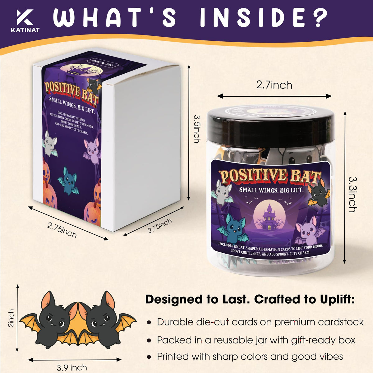 Positive Bat Jar, Emotional Inspirational Support Bats with 60 Affiramtion Cards, Halloween Gifts for Women Kids Teens Friends, Boo Halloween Basket Stuffers for Women
