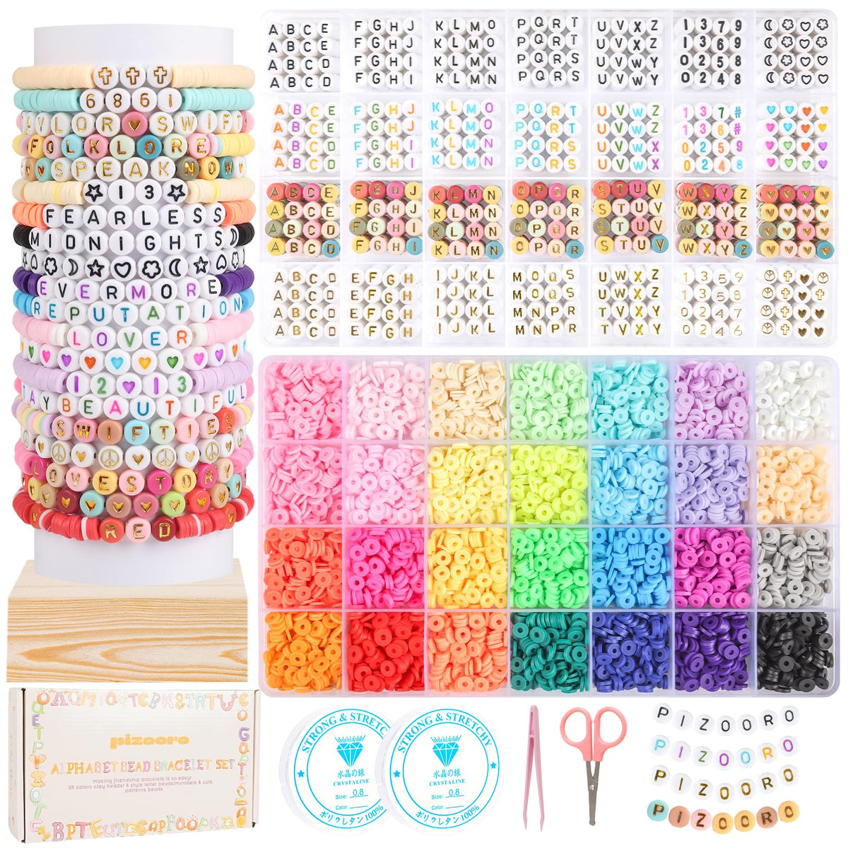 Pizooro Friendship Bracelet Kit, 28 Colors 5040 Pcs Clay Beads 1200 Pcs Letter Beads for Bracelets Making,4 Styles Round Alphabet,Number,Heart,Pattern Beads,Jewelry Craft Kits Gift