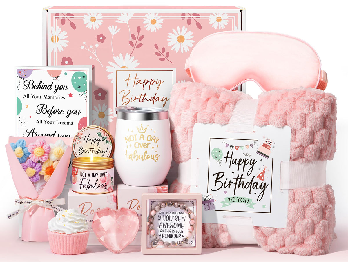 Birthday Gifts for Women Friendship, Unique Happy Birthday Gifts Basket for Mom Her Best Friend Sister Wife Girlfriend Coworker, Luxury Self Care Box Rose Relaxing Spa Gifts Set for Women with Blanket