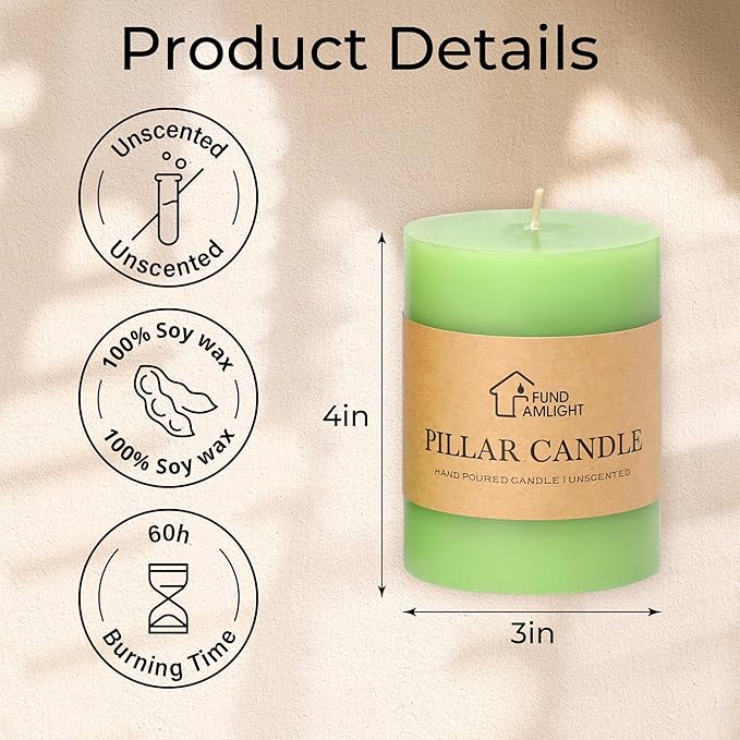 3x4 Inch Green Pillar Candles Set of 3 - Decorative Unscented Pillar Candle, Long Burning Dripless Candle for Table Decor, Smokeless Large Pillar Candles for Wedding Table Decor