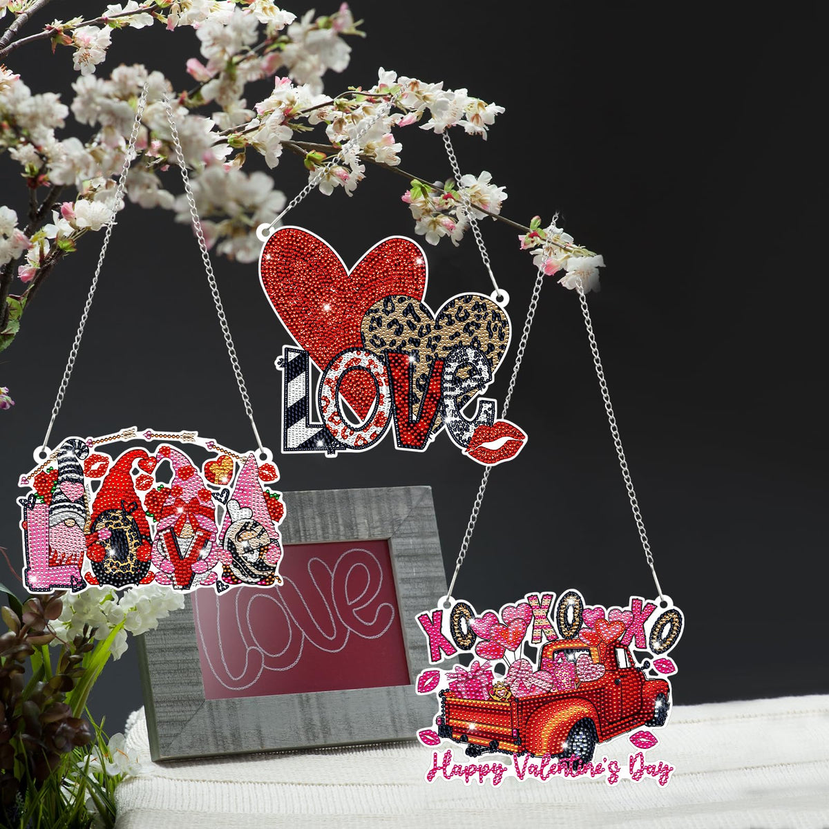 Burbell 3 Pcs Diamond Art Painting Kits - Heart, Love & Gnome Truck Hanging Ornaments & Signs - DIY Painting Art Kits for Adults - Valentine's Day, Window, Door & Wall Decorations