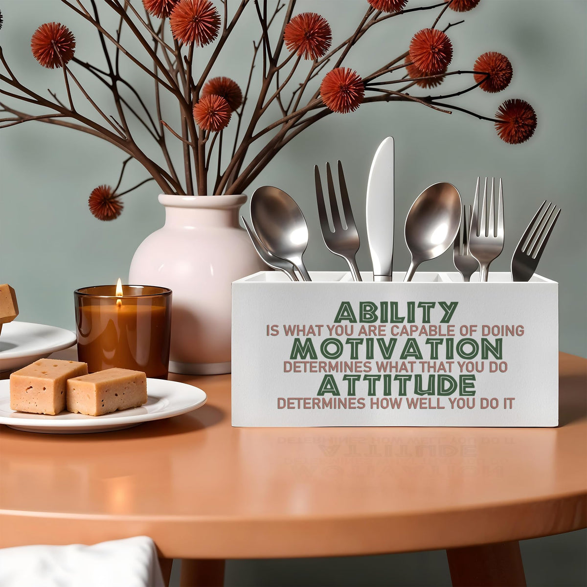 FITIE Motivational Office Pencil Pen Holder for Desk, Ability Motivation Attitude Wooden Pencil Holder Organizer for Home Office Desk Accessories, Encouragement Gifts for Women