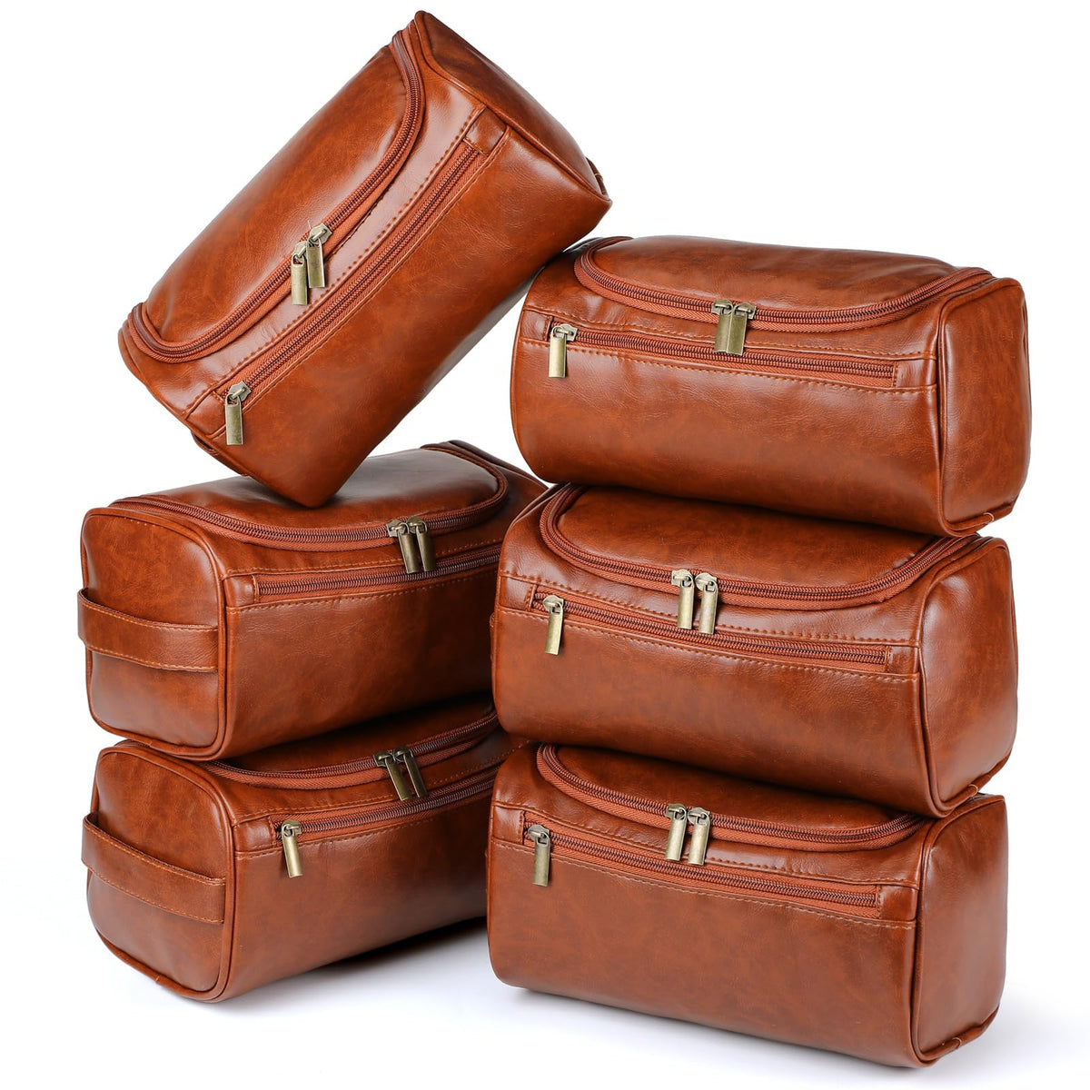 Aliceset 6 Pcs Groomsmen Gift Groomsmen Toiletry Bags Set of 6 Leather Toiletry Bag for Men with Hook Leather Wedding Proposal Bag with Side Handle Father Gift(Brown)