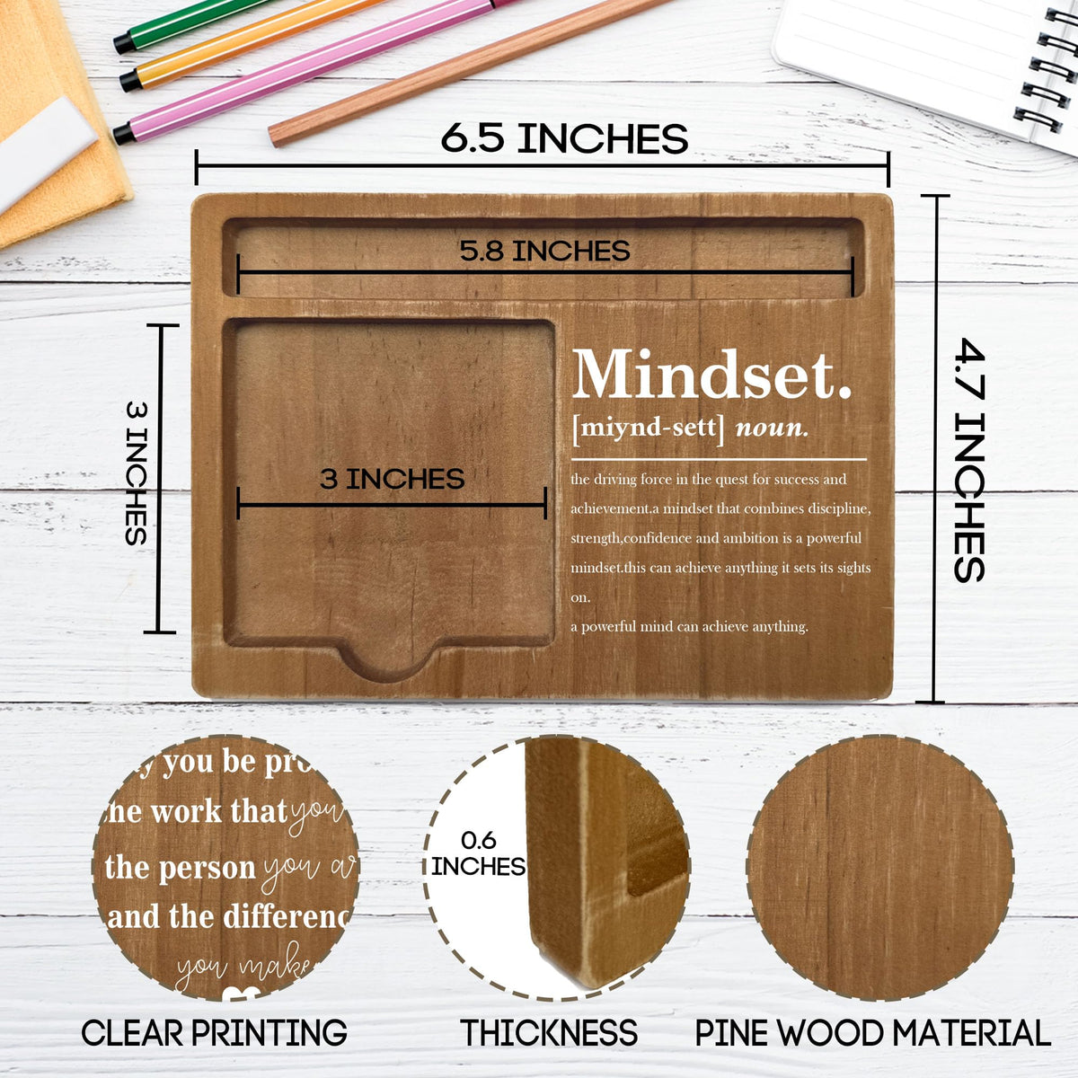 Ogleqoo Wooden Desk Note Pen Holder, Inspirational Mindset Office Desk Decor Gifts, Motivational Office Decor with Quotes, Thank You Teachers Day Gifts for Colleague Family Friends-A11