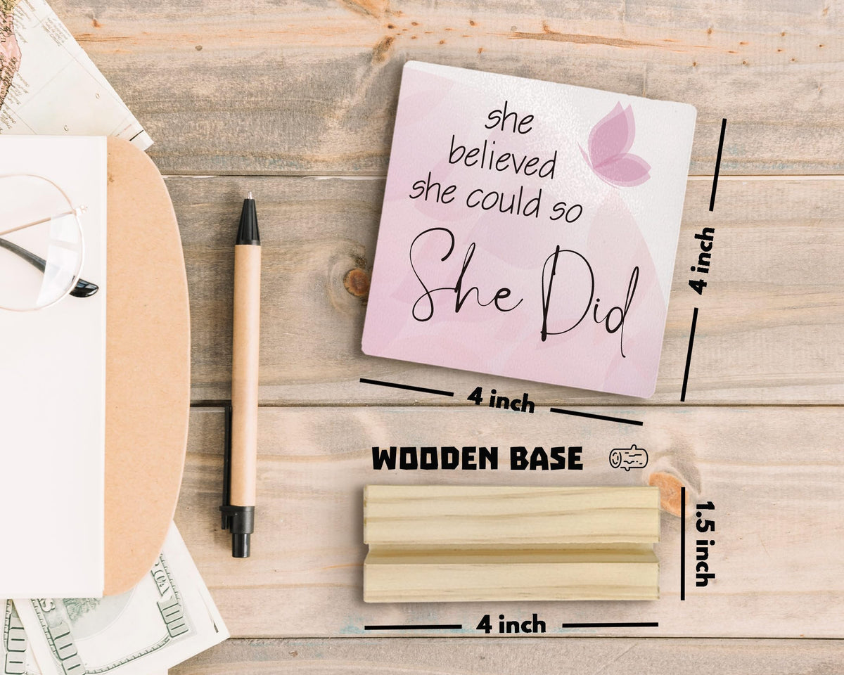 ANIANG Inspirational Desk Decor, Motivational Quote Wood Plaque, Inspirational Positive Gifts for Women,Pink She Believed She Could So She Did Wooden Plaque Sign with Wood Stand for Home Office Decor