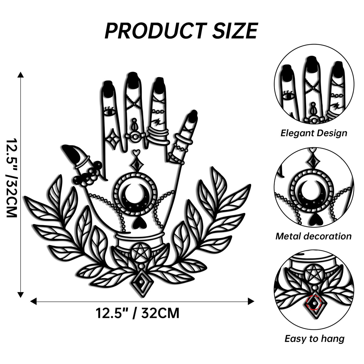 Slickss Mystical Hand of Spirit Metal Wall Art with All-Seeing Eye, Moon & Florals-Witchy Home Decor,Occult Oddities,Gothic Bohemian Wall Hanging for Sacred Space, Altar, Living Room