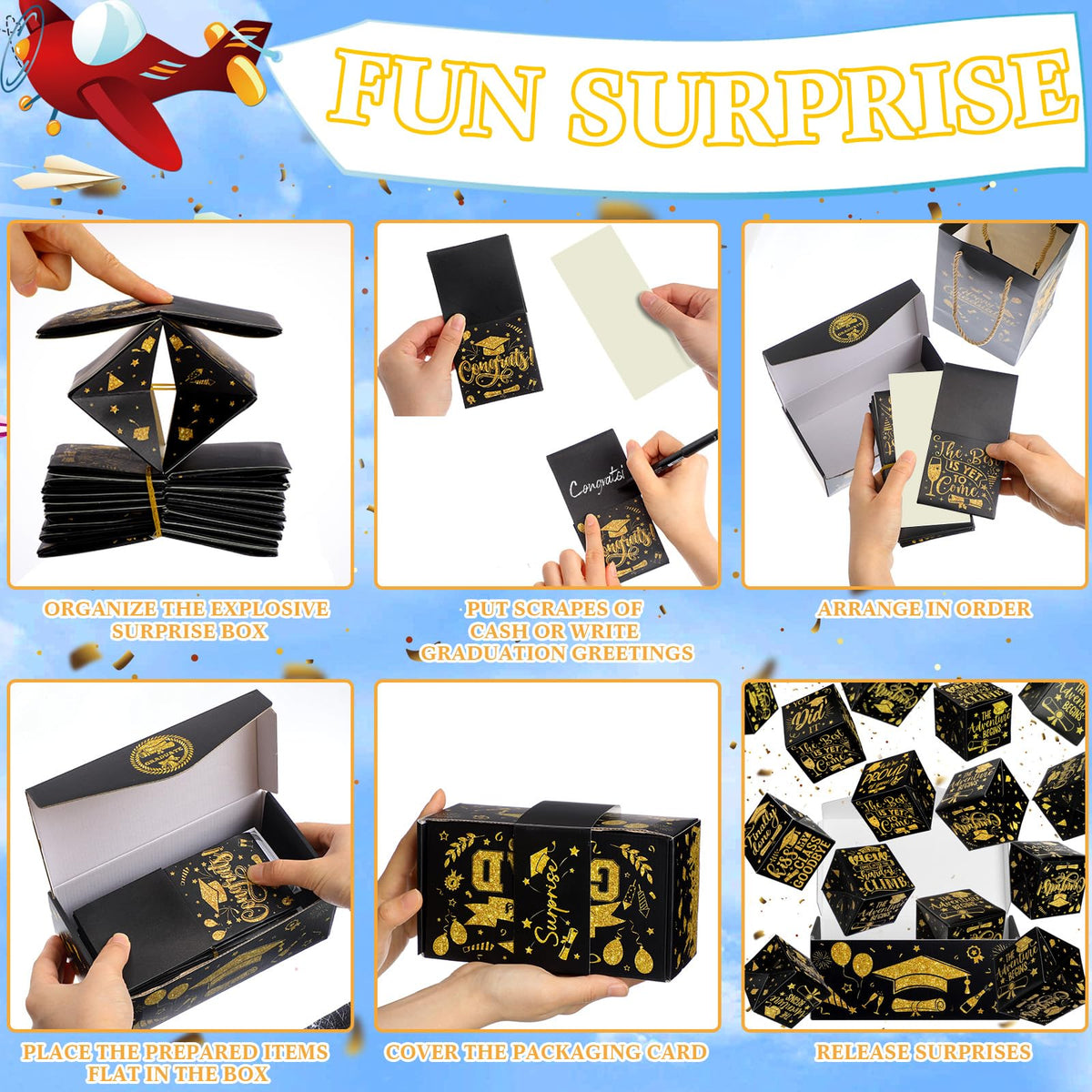 Tenceur 14 Pcs 2026 Graduation Explosion Gift Boxes 12 Bounces Exploding Money Box DIY Congrats Grad Folding Bouncing Gift Box Money Cash Explosion Gift Box for Grad College Party Favors(Black Gold)