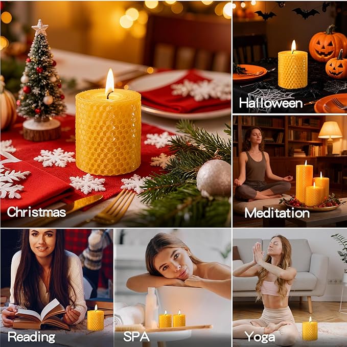 Hand-Rolled Beeswax Candles,2.8x3in-6PCS,All Natural Honeycomb Beeswax Pillar Candles,144 Hours Long Burning Bees Wax Candles for Home,Dripless Smokeless Unscented Honeycomb Pillar Candle