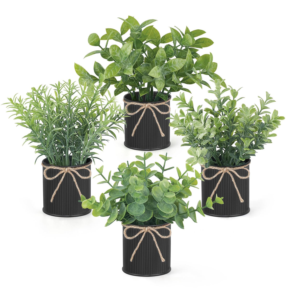 Mkono 4 Packs Small Fake Plants in Farmhouse Galvanized Pots Table Centerpiece Mini Potted Artificial Plants Faux Eucalyptus for Shelf Office Rustic Home Decor (Black, Mini-6" H)