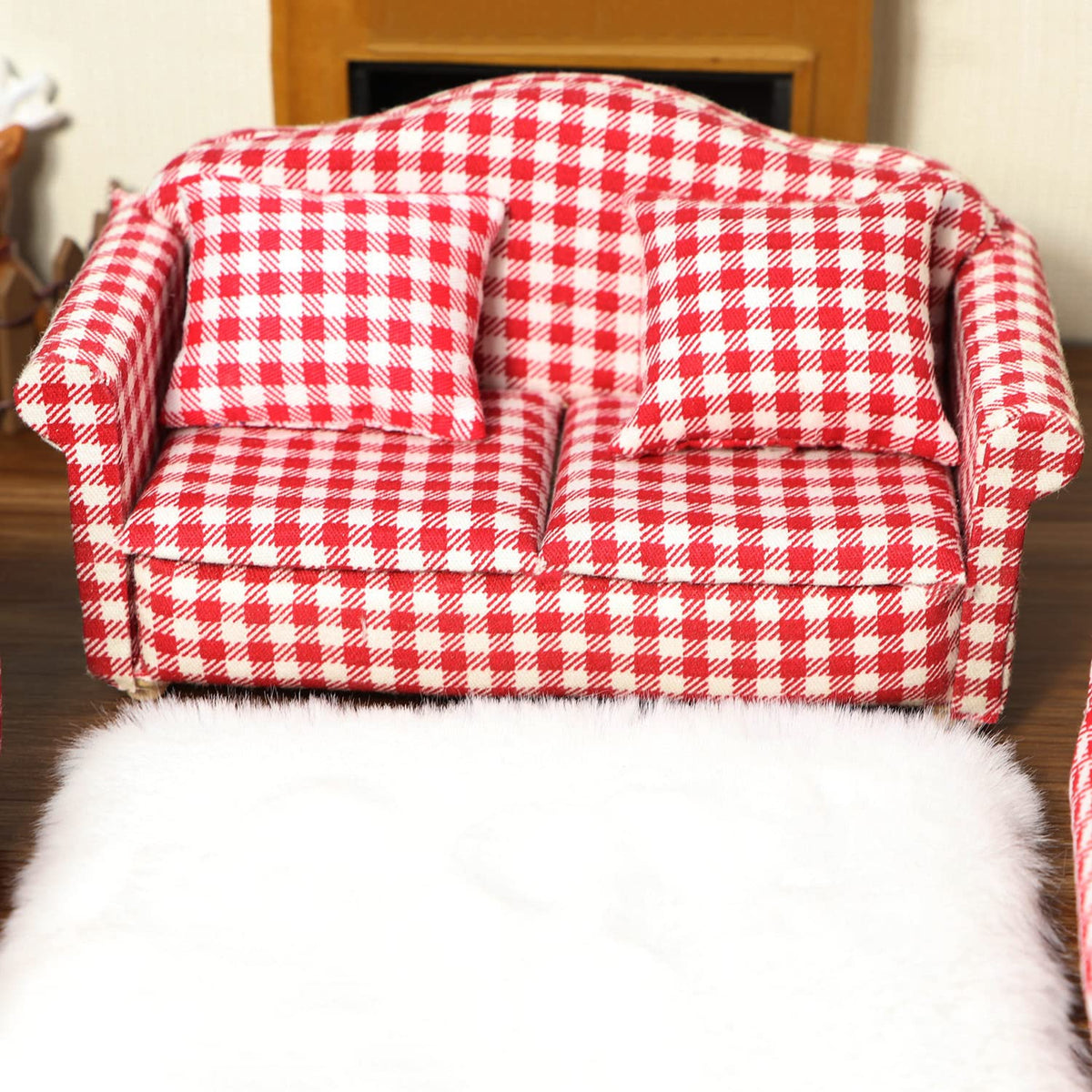 Dollhouse Couch Miniature Sofa with Pillows Dollhouse Living Room Funiture 1:12 Scale Model 3 Pcs High Simulation Upholstered Wooden Fabric Armchair Mini Room Artificial House Scene Decoration (Plaid)