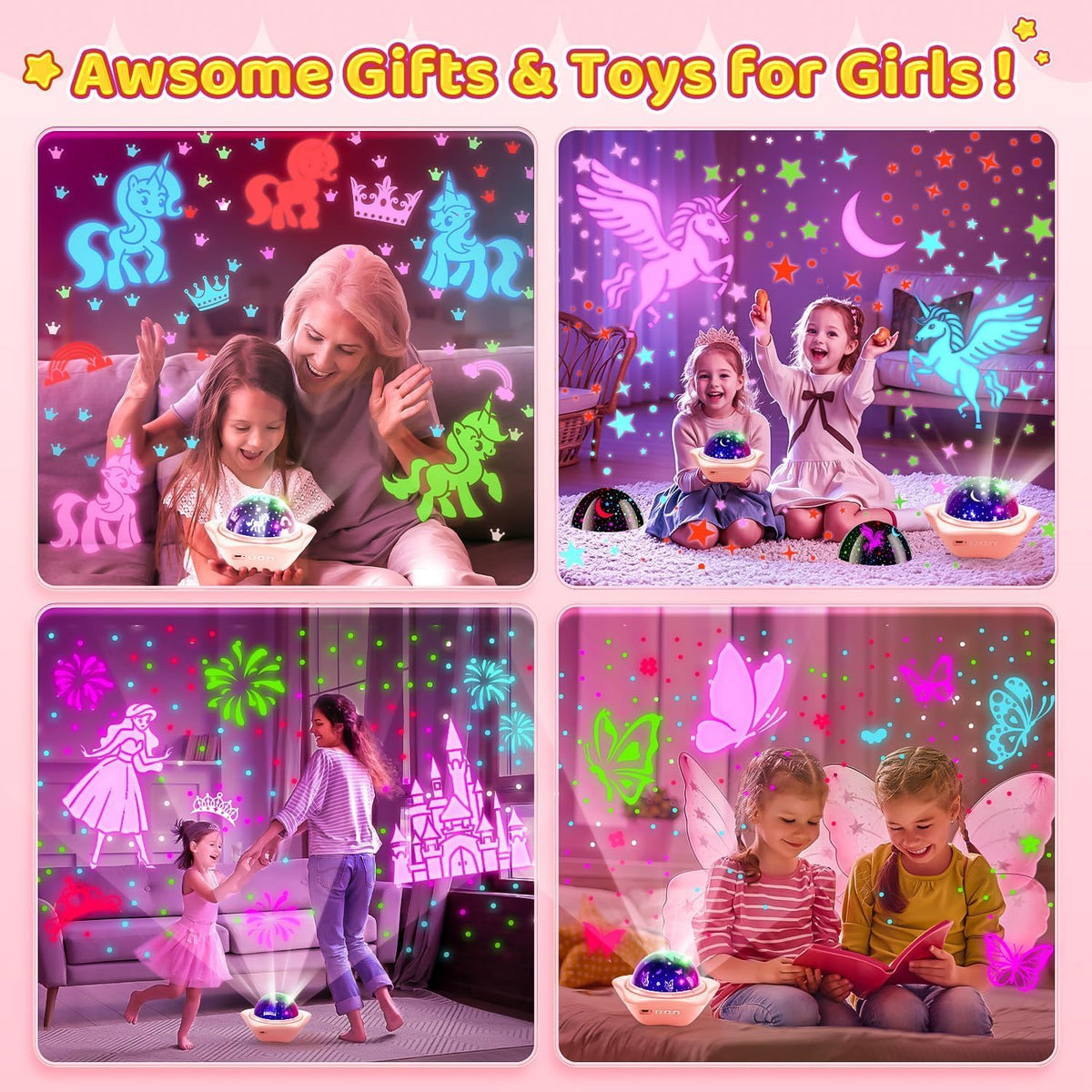 Onefire Girls Toys for Girl Gifts, 6 Films Light Projector Unicorn Toys for Girls Age 4-6, Rechargeable Night Lights for Bedroom, 360° Rotating Butterfly Decor Mermaid Gifts Princess Baby Toddler Toys