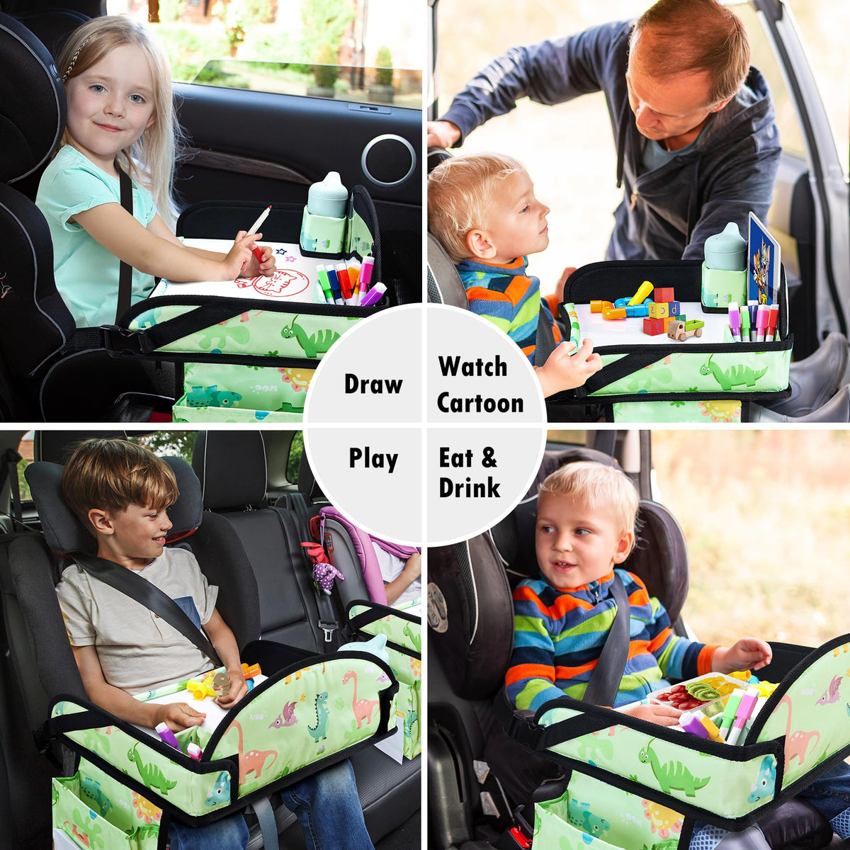 WENRENER Kids Travel Tray, Car Seat Tray for kids Travel, Toddler Road Trip Essentials With Drawing Kit, Toddler Lap Desk Organizer for Car, Carseat Table for Airplane