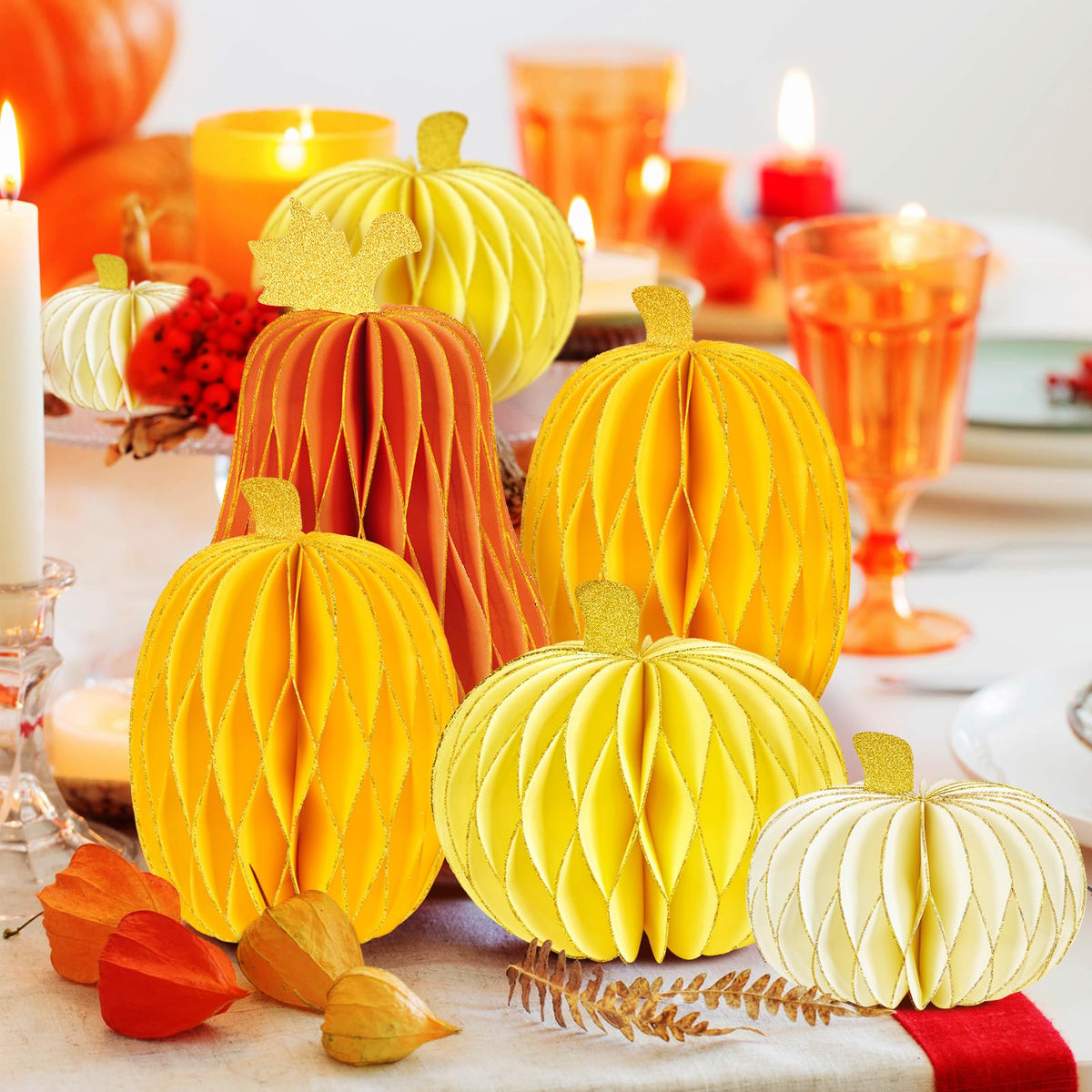 SUBBEAUTY 8 PCS Pumpkin Honeycomb Centerpieces Fall Pumpkin Party Decoration Thanksgiving Centerpieces for Tables Orange Honeycomb Decorations for Halloween Autumn Festival Party Decor