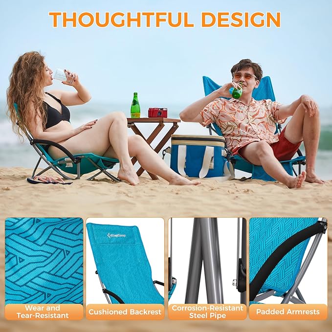 KingCamp Low Beach Chairs, Portable Folding Chair for Adults Extra Wide Ergonomic High Back Seat 300lbs Heavy Duty Lightweight Oversized Gear with Carry Bag for Outdoor Lawn Camping Picnic