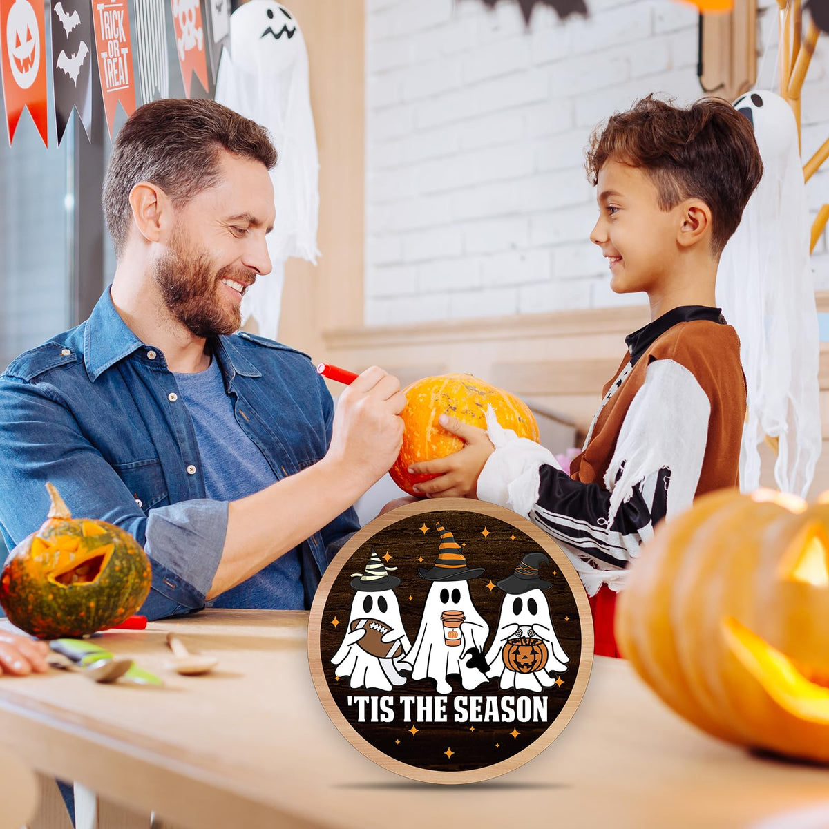 OXRUN Halloween Desk Decorations, Spooky Party Gifts for Women Men Friends, Fall Ghost Decorative Wooden Sign for Home Bedroom Living Room Table Shelf 8 Inches - B08