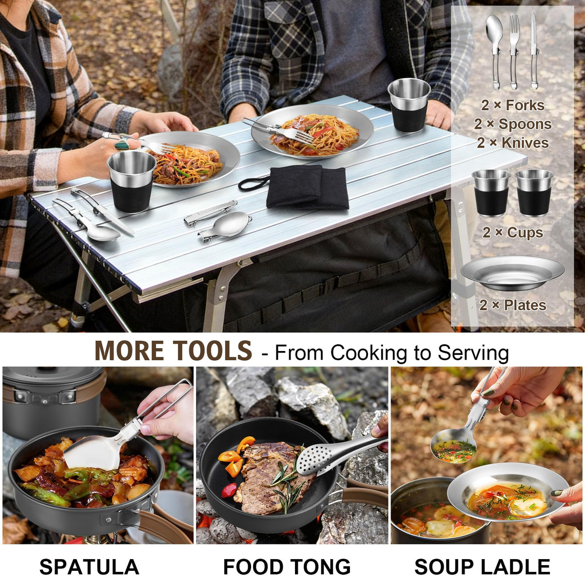 18Pcs Camping Cookware Mess Kit, Joyfair 7.8” Nonstick Camp Cooking Utensil Set (Pot, Pan, Kettle, Grill Grate), Outdoor Backpacking Gear Open Fire Essentials Accessories, Compact/Portable/Lightweight