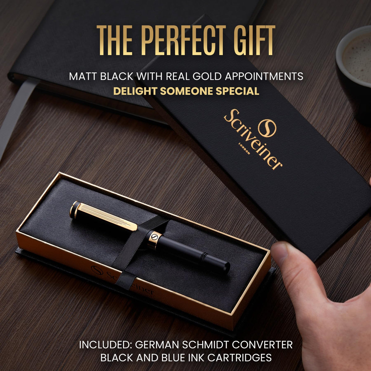 Scriveiner Luxury EDC Fountain Pen (Fine), Stunning Black Pocket Pen with Real Gold Finish, Schmidt Gilded Nib, Ink Converter, Best Writing Gift Set for Men & Women, Nice Fancy Office Designer Gift