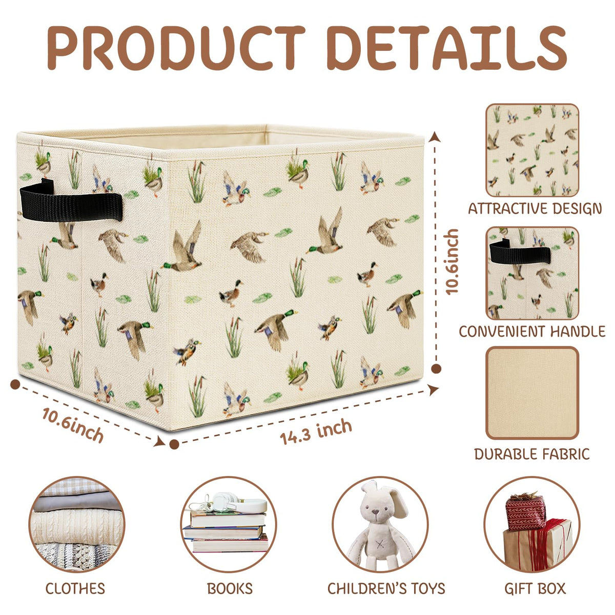 Elefeltclave Mallard Duck Nursery Storage Bins, Farmhouse Wild Green Head Ducks Hunting Collapsible Storage Basket Organizer for Kids Bedroom Bathroom Clothes Toys Books,Toybox for Girls