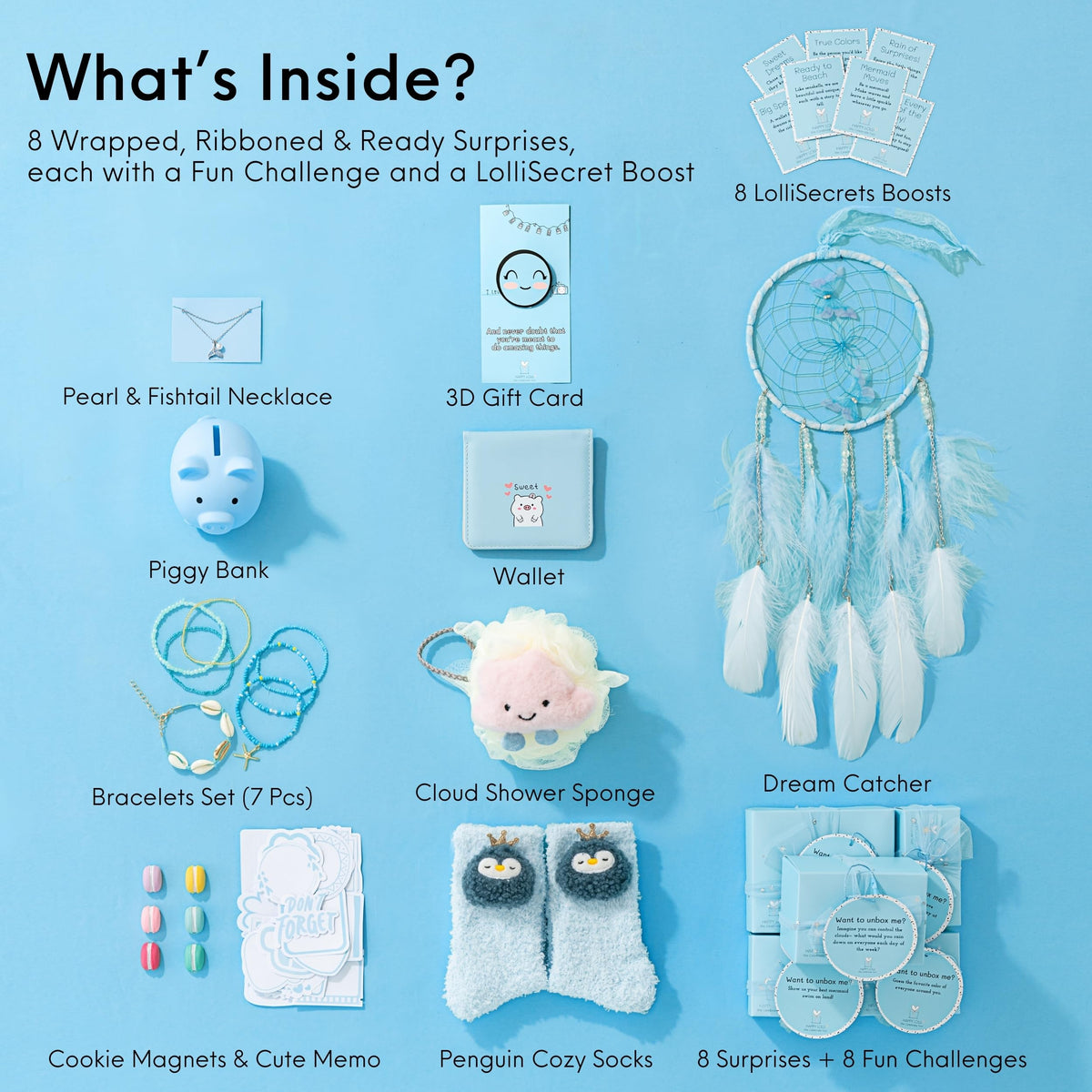 HAPPY LOLLI Blue LolliBox Gift Set for Tween & Teen Girls Ages 8–15, Birthday Gift Box, Ready-to-Gift Surprise Box with 8 Individually Wrapped Gifts & Empowering Challenges