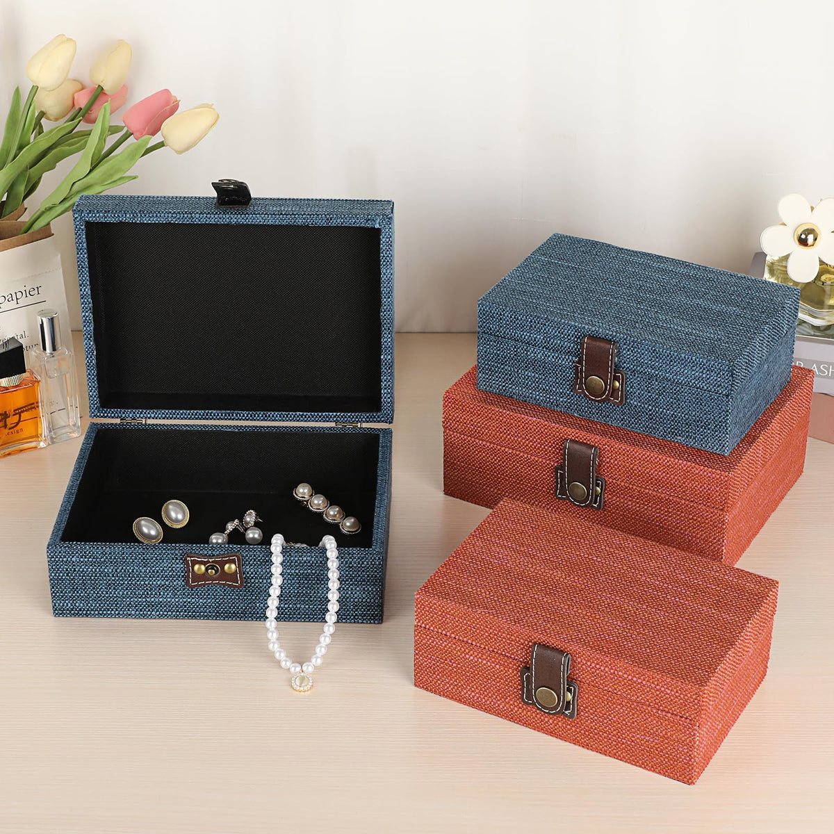 Hipiwe Treasure Chest Jewelry Box - Wooden Decorative Box with Clasp Linen Covered Memento Case Box Rectangular Keepsake Box Photos Storage Organizer Home Decor,Blue
