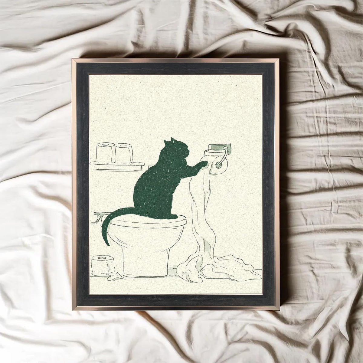 Framed Funny Cat Bathroom Wall Art Minimal Black Cat Toilet Paper Sketch Line Drawing Canvas Print Humorous Decor for Bathroom Guest Toilet Ready to Hang 12inx16in