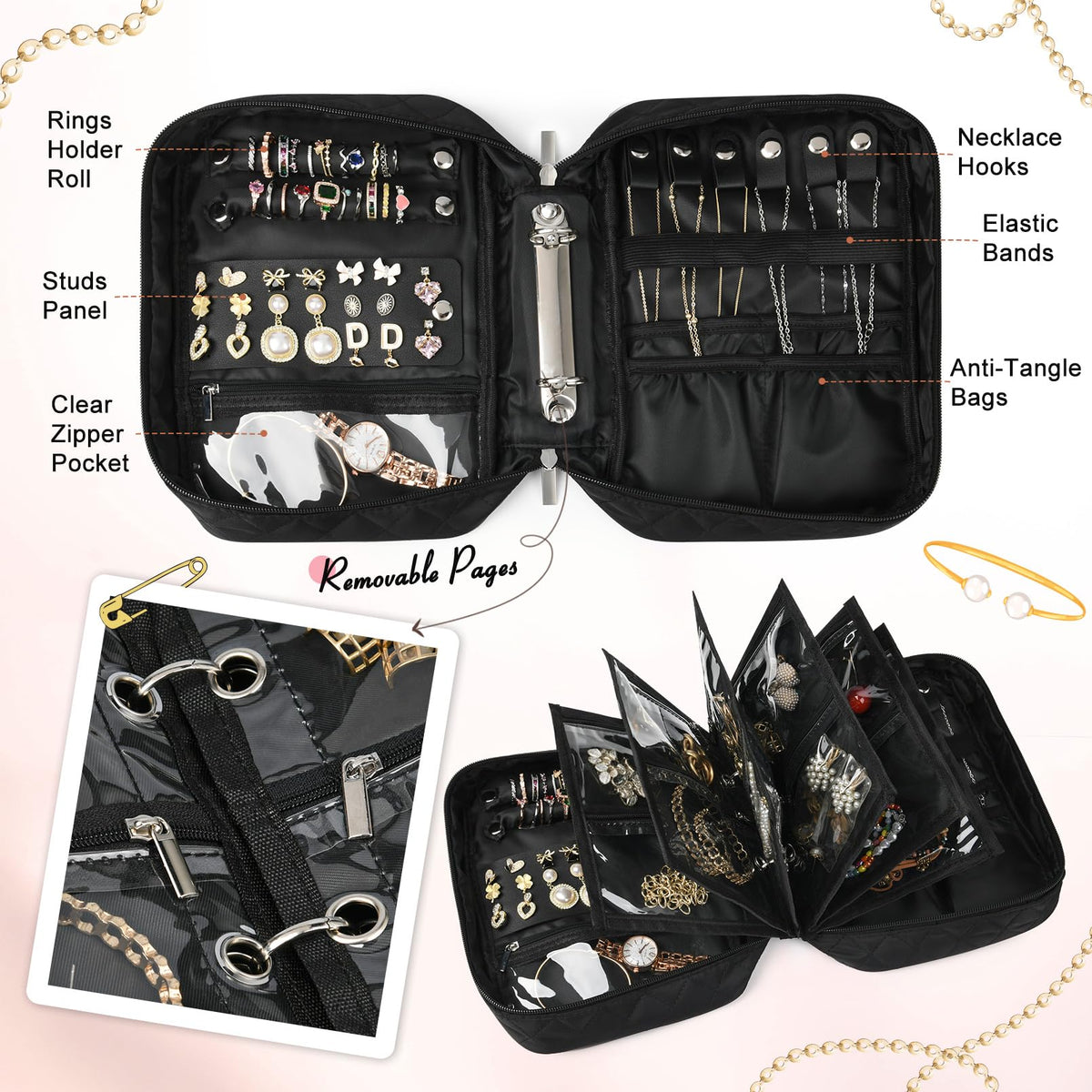 CEELGON Travel Jewelry Case Organizer and Storage Quilted Jewelry Pouch Box for Traveling Ring Necklace Earring Holder with Velvet Jewelry Binder Mini Portable Jewelry Bag (Black)