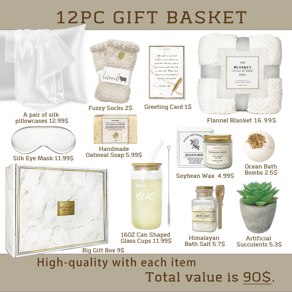 AHAGIFTREE Mother's Day Care Package for Women,12PC Get Well Gifts for Women After Surgery,Birthday,Get Well Soon,Grief,Sympathy Gifts,Condolences (white)