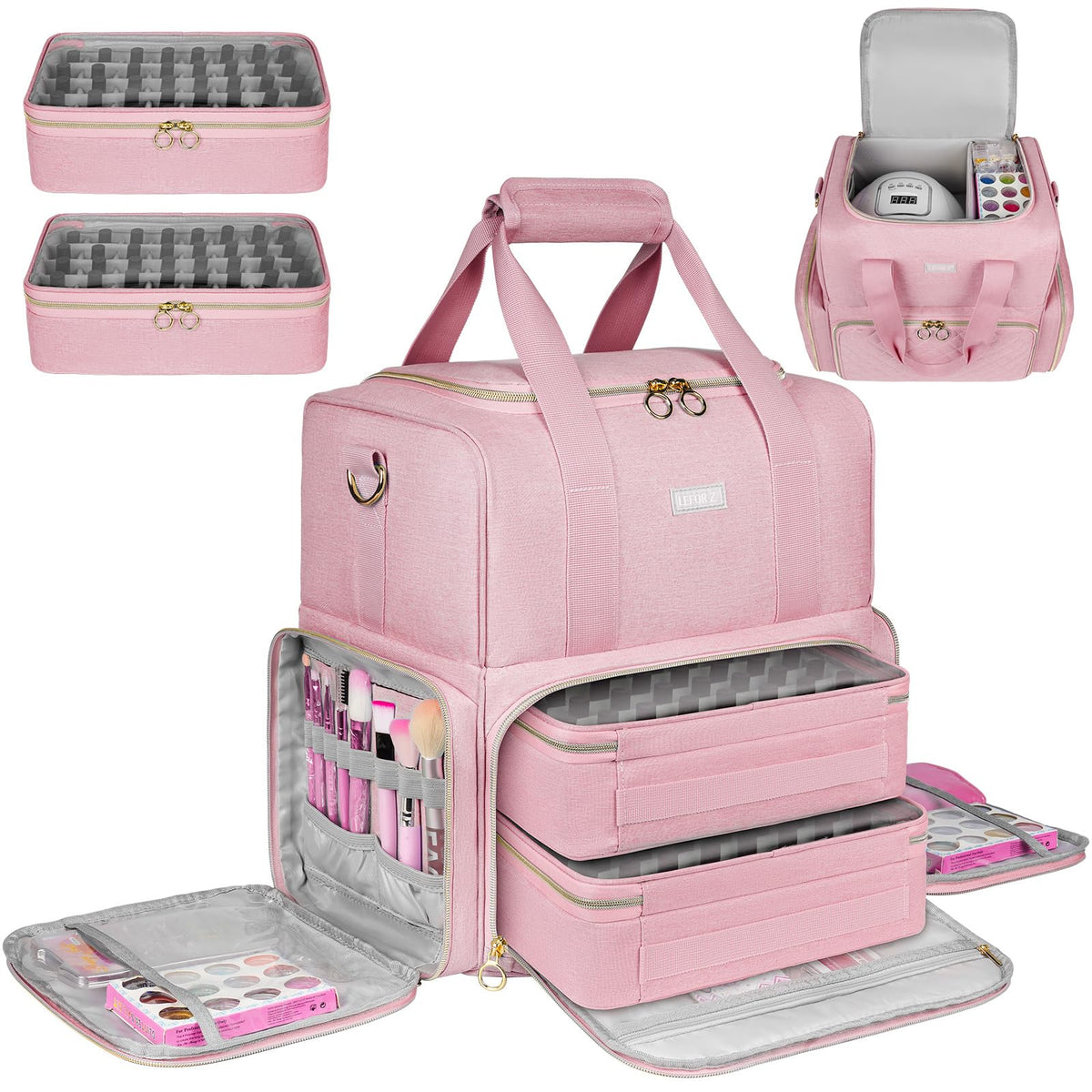 Nail Polish Organizer Holds 80 Bottles and a Nail Lamp,Nail Polish Carrying Case with 2 Removable Bags,Nail Organizers and Storage for Nail Tech,Portable Nail Polish Holder for Nail Supplies,Pink