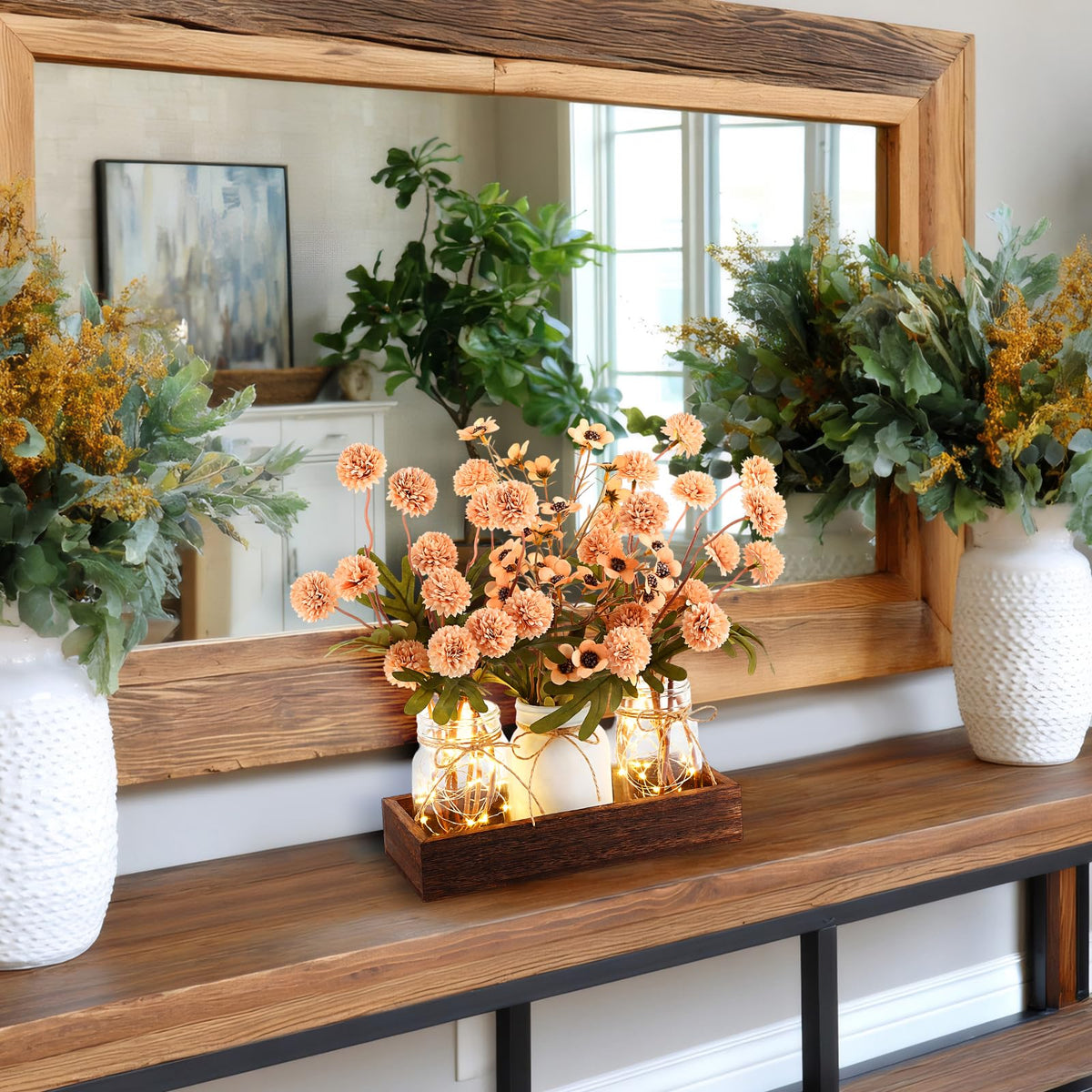 Suncalla 3 Pcs Summer Mason Jar Centerpiece Table Decorations Khaki Faux Kiku Flowers Decorations with Wood Tray and LED Light for Dining Kitchen Bathroom Farmhouse Coffee Table Decor