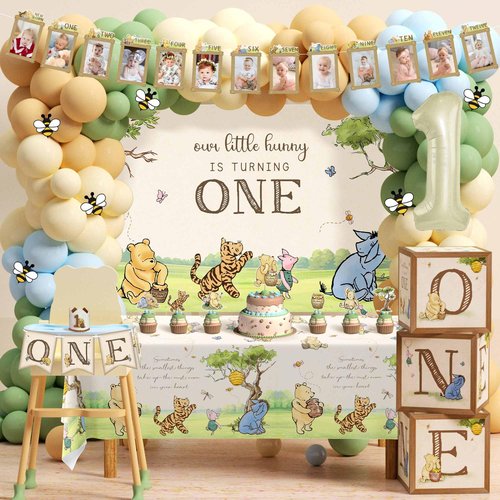 154pcs Winnie First Birthday Decorations Party Set, Classic Pooh Bear 1st Birthday Month Banner, High Chair Banner, ONE Box, Balloon Arch, Crown, Tablecloth, Backdrop, Cake Toppers and Stickers